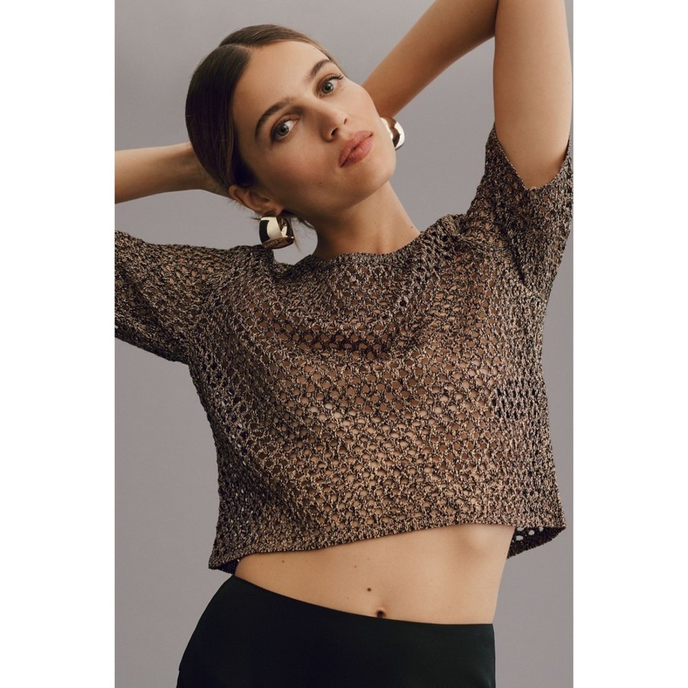 Pilcro Anthropologie XS Metallic Gold Open Knit Cropped Top Short Sleeve